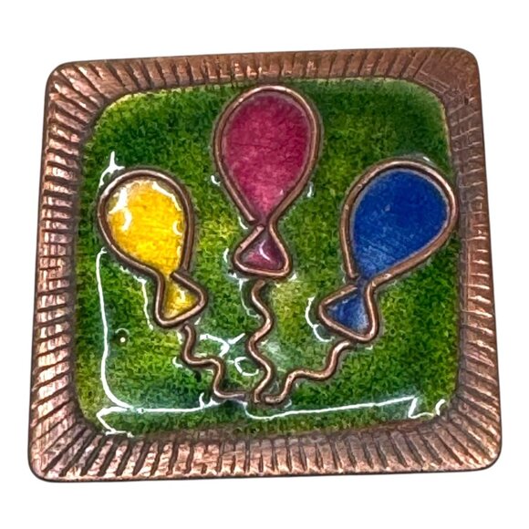 Vintage Jewelry - Vintage Balloon Enamel on Copper Brooch Pin Birthday Party Red Blue Yellow Gift